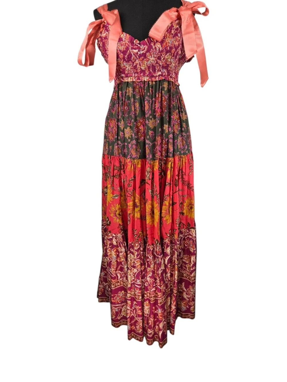 Free People Bluebell Maxi Dress Magenta Combo Floral Boho Smocked Pockets Sz S - Picture 7 of 16